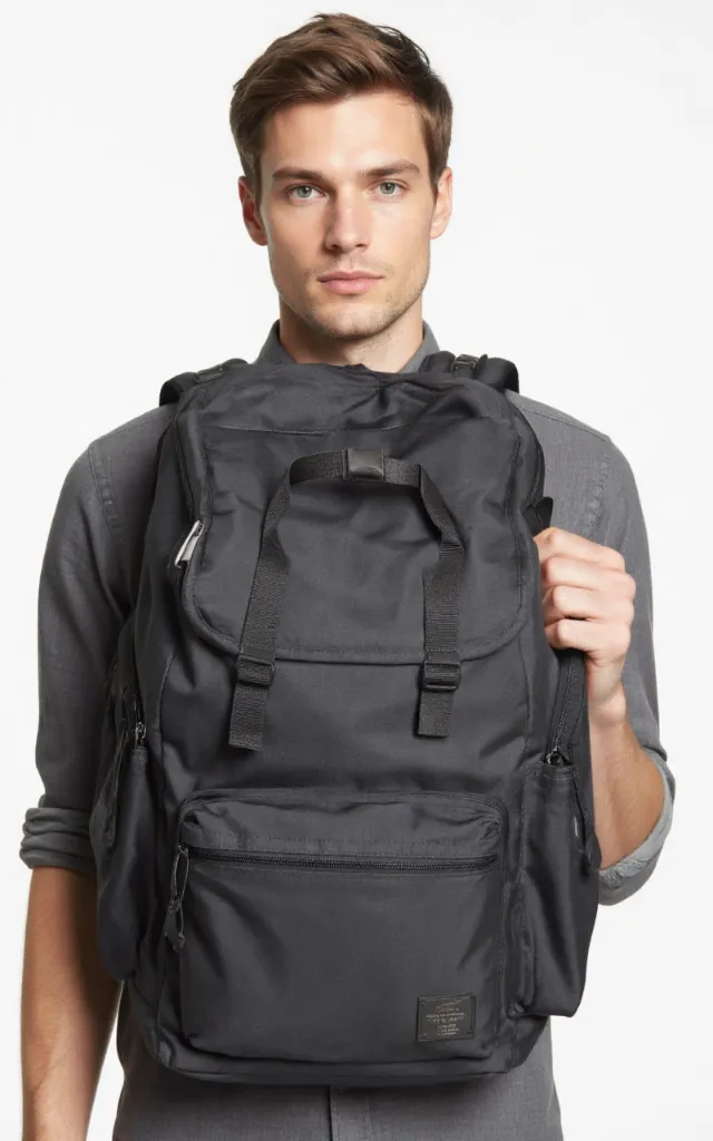 A French male model with a Duffel backpack with side pockets, wearing a shirt, against a white background, in a front   facing close   up